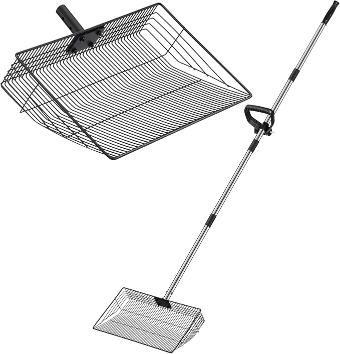 15 inch Large Chicken Poop Scooper, 36 to 63" Adjustable Stainless Steel Handle Litter Scooper Sifting Shovel Chicken Coop Accessories