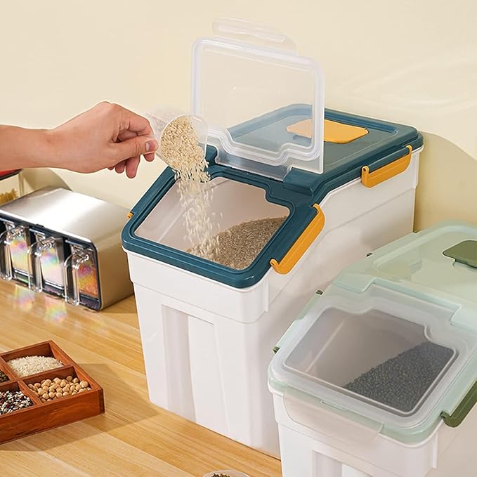 50 lbs Flour Storage Container, 2 Pack Rice Storage Container with Measuring Cup & Scoop, Pet Food Storage Container Dog Cat Food Bin, Grey