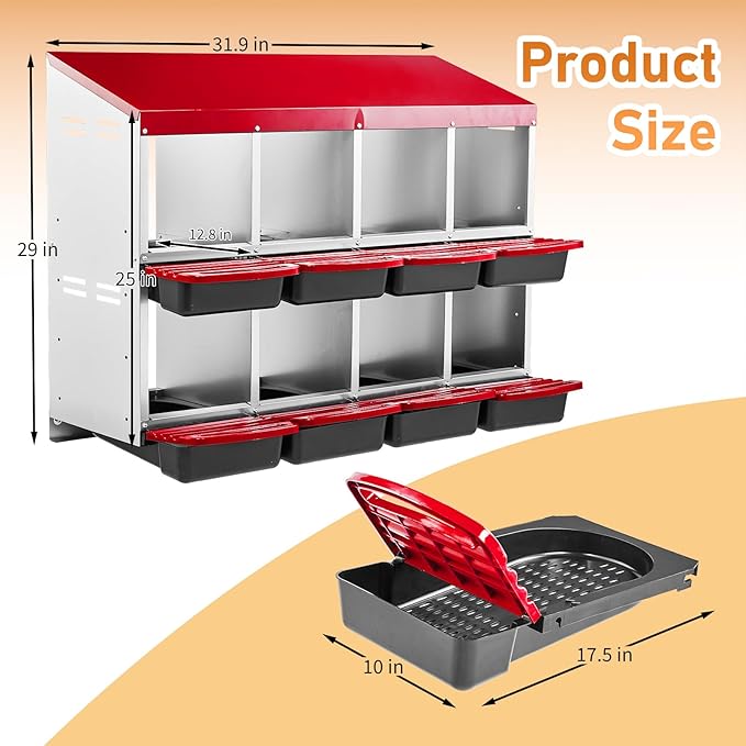 Outvita Chicken Nesting Boxes, 8 Compartments Metal Nesting Boxes for Chickens with Metal Legs, Wall Mount for Laying Eggs with Swing Perch and Roll Away Egg Collection for Chicken Coop, Red