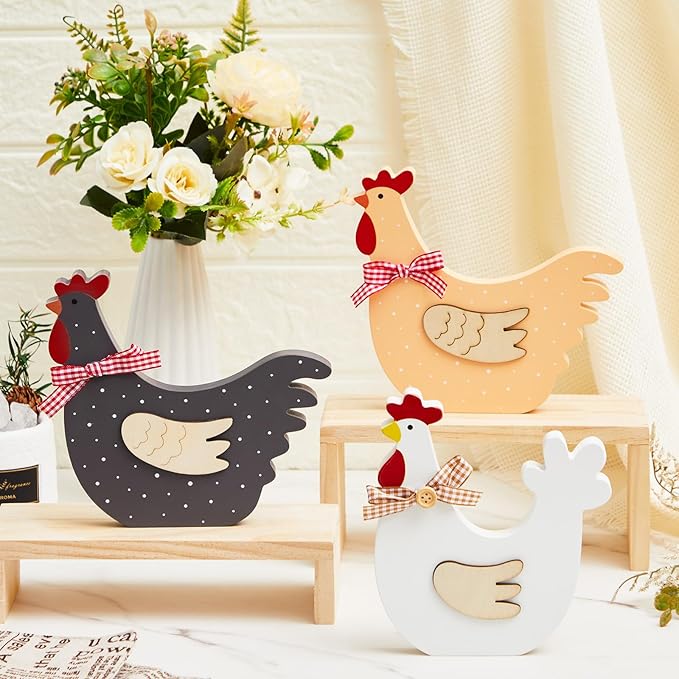 3 Pcs Chicken Wood Table Sign, Chick Is One Decorations Centerpieces Rooster Wooden Decor for Animal Theme 1st Birthday Party Farm Tiered Tray Decor Baby Shower Home Office