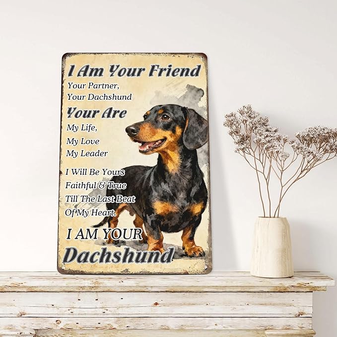 Vintage Dachshund Metal Tin Sign I Am Your Friend, Your Partner, Your Dachshund, You Are My Life Retro Rustic Wall Art For Home Bar Porch Office Dog Lover Gift 8x12 Inch