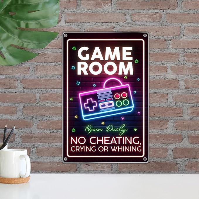 Neon Game Controller Wall Art Room Metal Sign For Teenage Boy Bedroom Nursery Playroom Decoration 8 x 12 Inch Kitchen Vintage Metal Home