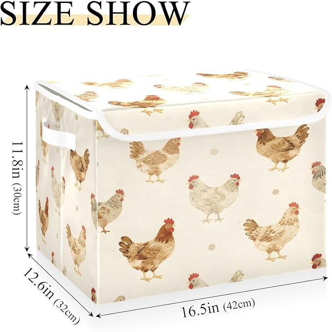Farmhouse Chickens Fabric Storage Bin with Lid, Collapsible Basket with Handles, Shelf Cube Closet Organizer for Home and Bedroom