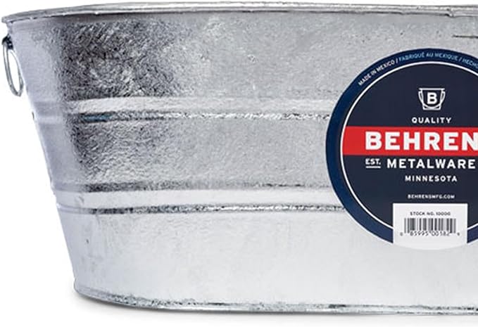 Behrens 16 Gallon Round Galvanized Weatherproof Steel Tub with Wire Handle and Offset Bottom for Indoor Home and Outdoor Garden Use, Silver