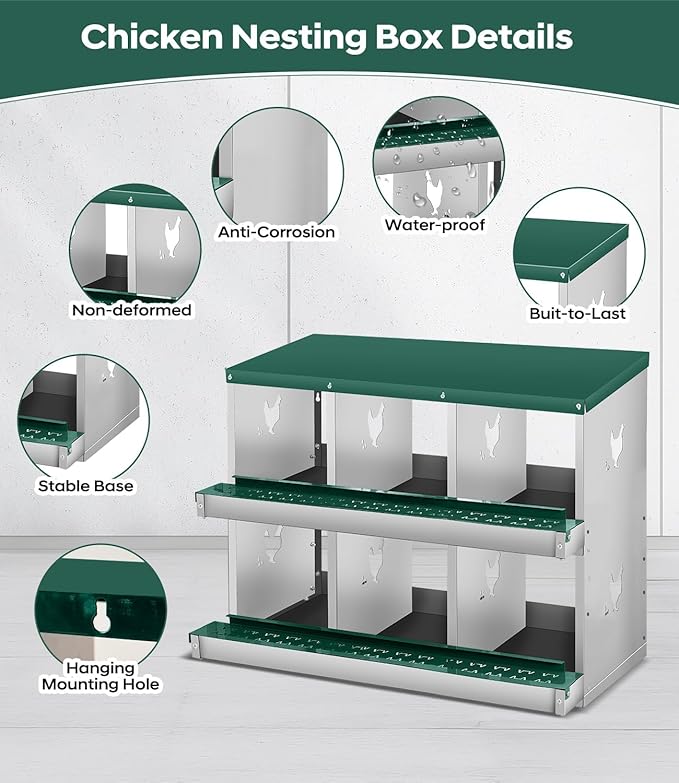 Chicken Nesting Box, 6/8/10 Compartment Metal Nesting Box,Wall Mount Chicken Nesting Boxes for Laying Eggs,Easy Egg Collection,6 Room Nest Boxes for Chickens