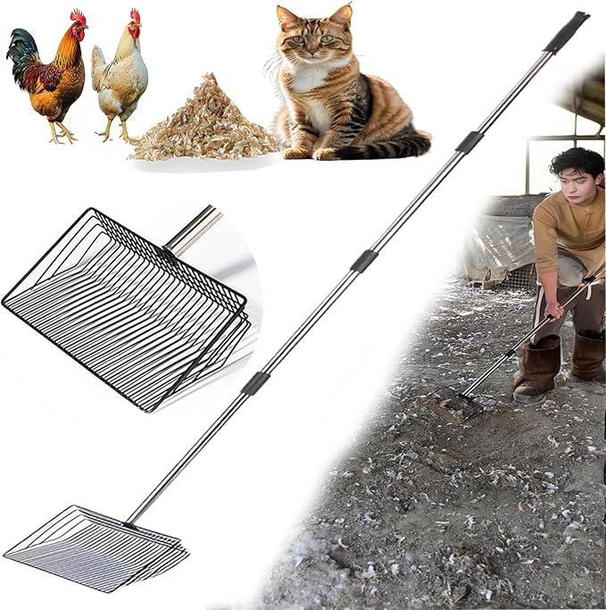 10 in Large Chicken Poop Scooper,4-in-1 Stainless Steel Handle, Adjustable Chicken Coop Accessories, Suitable for Chicken Coop Cleaning Cat Litter Other Heavy Duty Poop Scoop (Large)