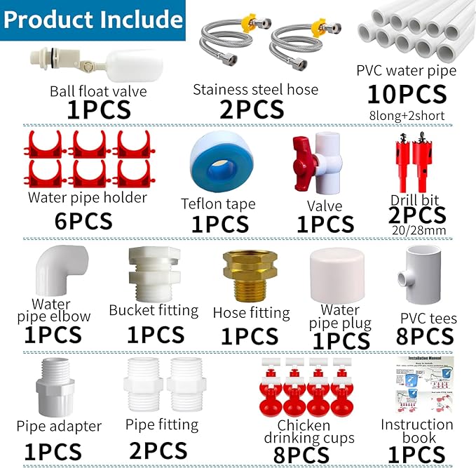 Automatic Chicken Waterer System (46 Accessories Included), Complete PVC Pipelines Set Chicken Water Feeder, Poultry Waterer, DIY Chicken Watering System with Chicken Water Cups (No Bucket Included)