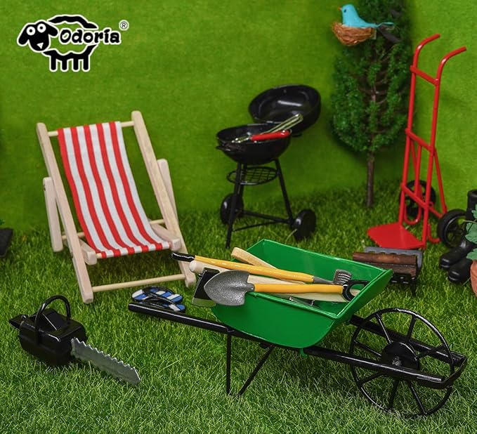 Odoria Dollhouse Gardening Tools Miniature: 1/12 Scale Hoe Rake Distressed Metal Rustic Garden Farm - Mini Hand Weeder Trowel Outdoor Ornaments Model DIY Craft