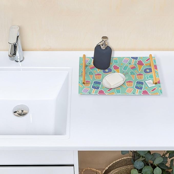 Bathroom Vanity Tray Counter Organizer, Stationery and Sweets Pattern Decorative Tray with Handles Countertop Storage for Bathroom Bedroom Kitchen Home Farmhouse