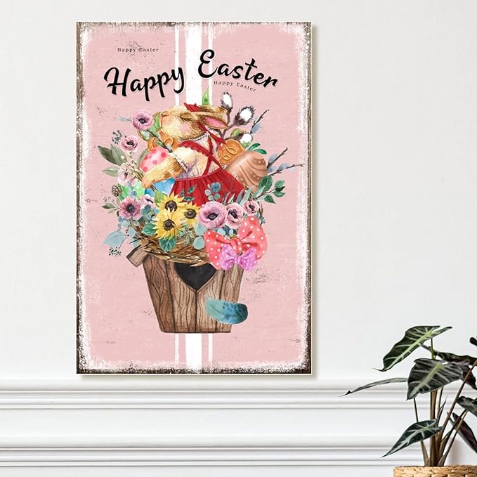 Wall Art Decor Sign Happy Easter Flower Basket Bunny Sign French Style Floral Pink Stripes Wood Signs Farmhouse Easter Decor Welcome Spring Hanging Sign for Bedroom 8x12in