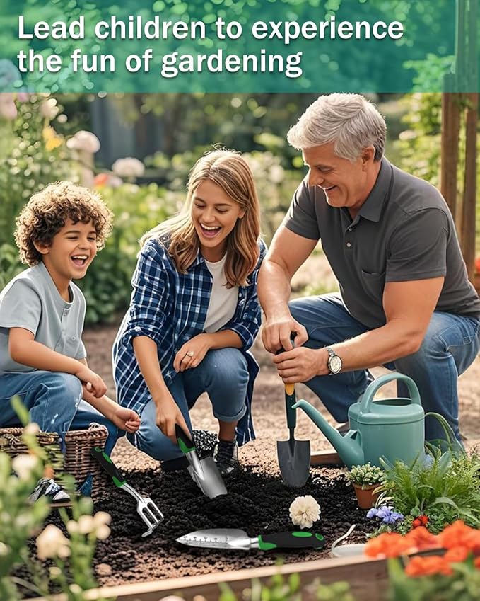 Garden Tools, Heavy Duty Cast-Aluminum Garden Tool Set with Hand Trowel, Transplant Trowel, Cultivator Rake, Soft Rubber Ergonomic Non-Slip Handle, Gardening for Home Gardeners (Basic Set (3 PCS))