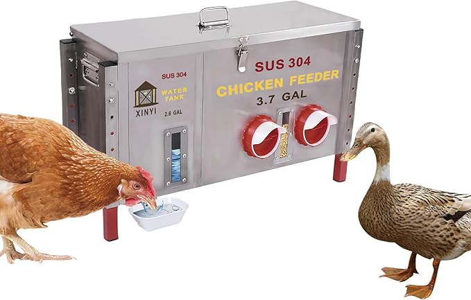 Stainless Steels Chicken Feeder and Waterer, Gravity Feeder with Adjustable Legs, Aluminum Alloy Water Cup, Automatic Feeder Waterpoof and Sturdy, Transparent Water Observation Window, 3.7 Gallon