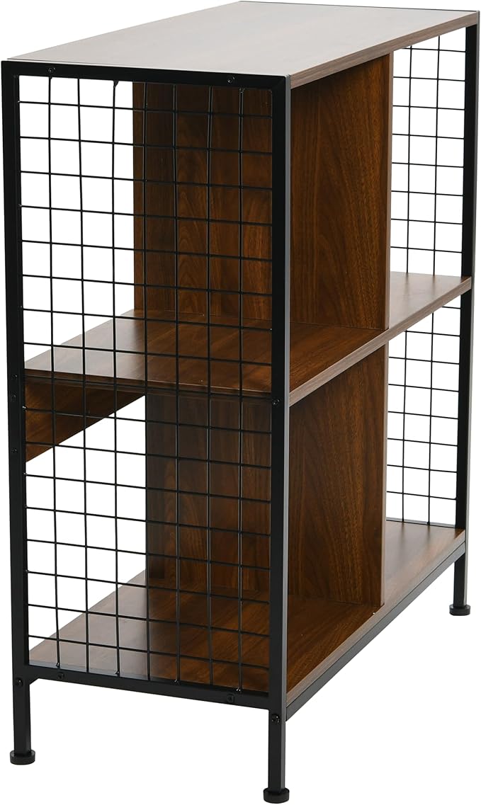 Household Essentials Trellis Open Storage Bookshelf with 4 Cube Compartments Mid Century Walnut Wood Grain and Black Metal