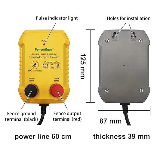 FenceMate AC Powered Electric Fence Charger Output 0.35J up to 7 Miles to Contain Pet, Poultry, Keep Rodent & Nuisance Animals Out, Used in Homestead, Garden, Pond, Orchard Fence Energizer up to 7 kV