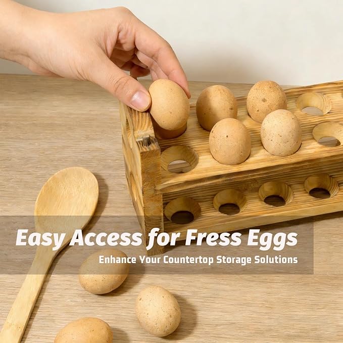 Egg Holder Countertop Farmhouse Decor - Wooden Fresh Eggs Storage for Counter - Pine Wood Egg Organizer Tray Racks