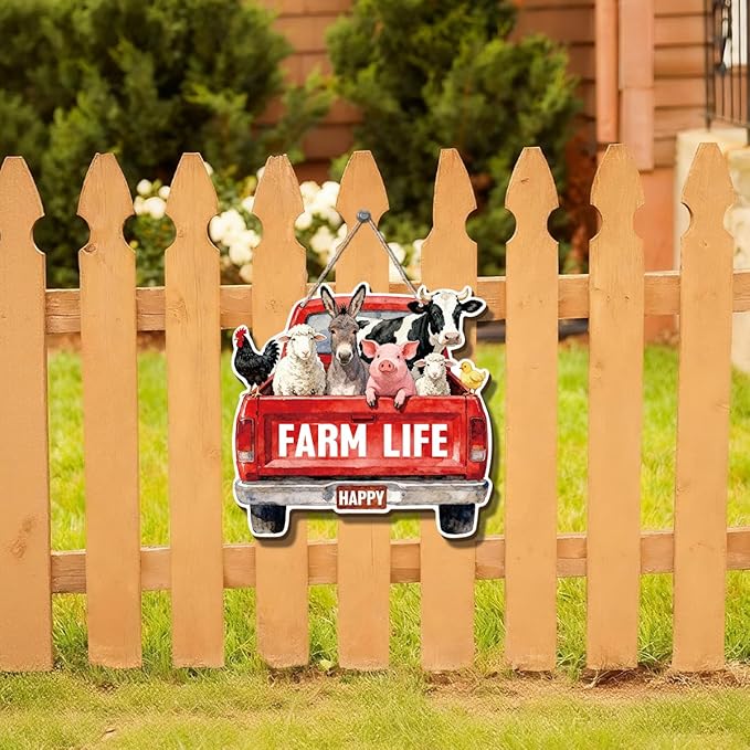 Farmhouse Wall Decor, Farm Life Red Truck Wood Sign with Cow Pig Donkey Sheep and Chicken, Rustic Watercolor Painting Style Hanging Plaque for Country Kitchen Porch Entryway or Barn, 9.8x10 Inches