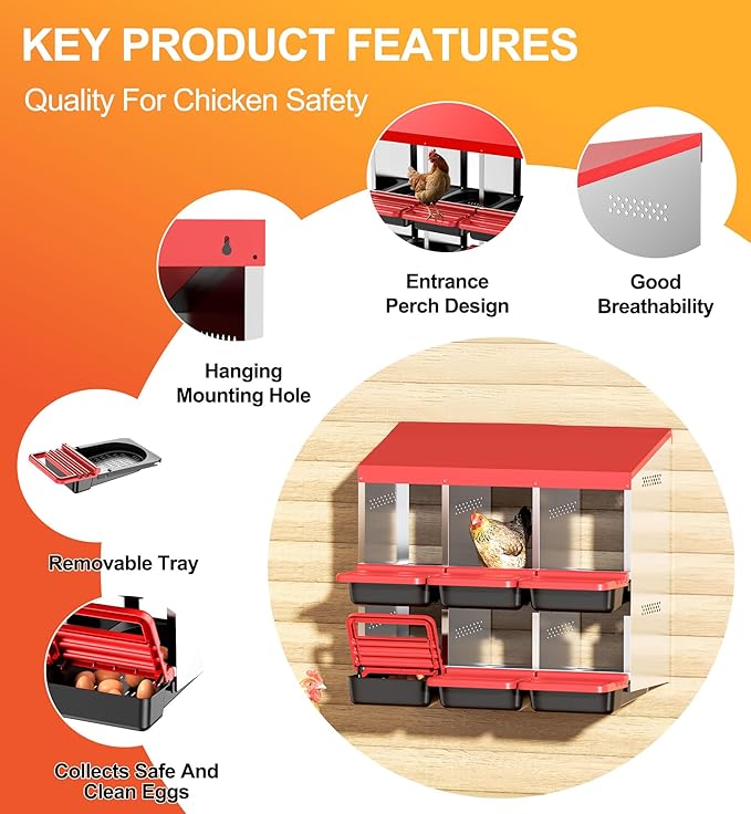 Two-Tier Chicken Nesting Box, Metal Chicken Egg Laying Box with Swing Perch and Rollout Egg Collection for Chicken Coop Red 6 Hole