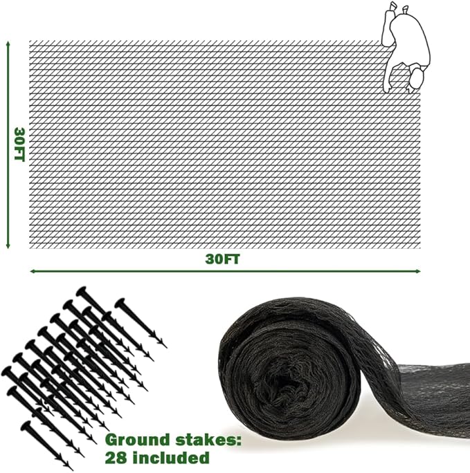 30x30ft Pond Netting for Leaves Leaf Net Cover Pond Net with Small Fine Mesh Protecting Koi Fish from Birds Cats Stakes Included