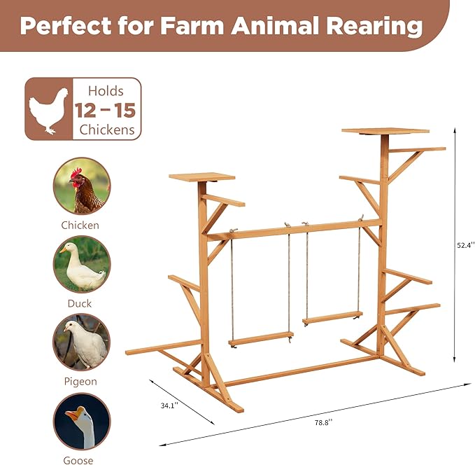 Chicken Roosting Bars with Ladder & 2 Swings, Wooden Chicken Coop Roosting Perch for Run, Perfect for Multiple Chicks, Backyard Coop & Farm Use