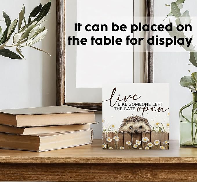 Hedgehog Wooden Box Sign -Rustic Farmhouse Live Like Someone Left the Gate Open Signs for Home Decor, Farm Cottagecore Animal Office Kitchen Bedroom Decor, Hedgehog Gifts for Women, 5x5