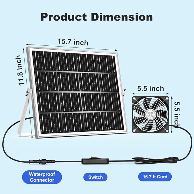 5.5" Solar Chicken Coop Fan 3 Kit, 30W Solar Powered Greenhouse Fan, Solar Exhaust & Intake Fans Outdoor Waterproof, 16.7 ft Cord, for Outside Shed Doghouse Ventilation Air Circulation Cooling