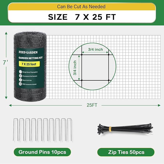 FEED GARDEN Heavy Duty Deer Netting Garden Netting - 7x25ft UV-Protected Garden Fence with 3/4" Fine Mesh - Includes 10 Stakes & 50 Zip Ties for Easy Installation