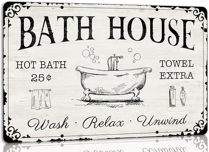 Generic Bath House Metal Tin Signs Hot Bath Towel Extra Wash Relax Unwind Vintage Retro Sign for Home Farmhouse Bathroom Bath Wall Decor Family Bath Gift Plaque 8x12 Inch
