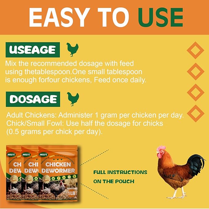 Jmxu's Chicken Dewormer Powder, Natural Formula Poultry Dewormer, Chicken Dewormer Powder for Laying Hens, Poultry Medicine Supplies to Relieve and Prevent Worms, 1 LB