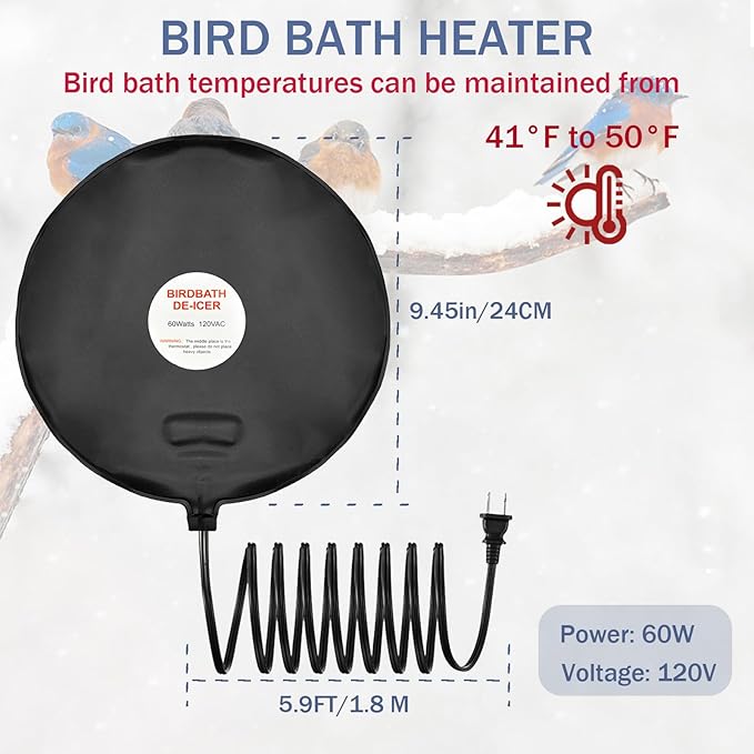 Bird Bath De Icer 60w Deicer 9.45-inch Submergible Utility with Thermostatic Controller in Winter for Chicken Livestock Animals Waterer Farm Trough