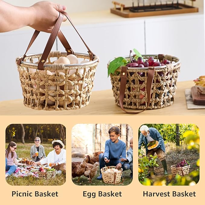 Farmhouse Wicker Egg Basket for Collecting Fresh Eggs, Round Storage Basket with Handle, Brown, Sea Grass
