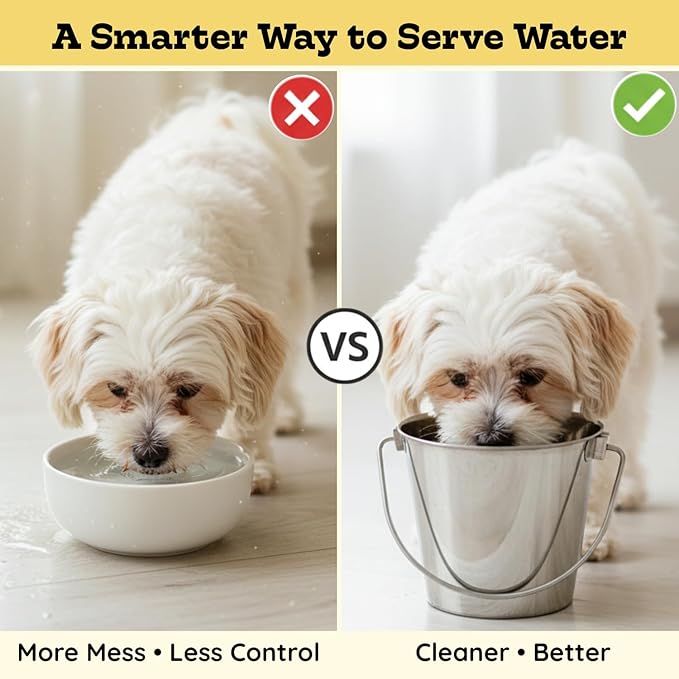 Flat Sided Stainless Steel Bucket, 1 Quart (0.25 Gallon) Hanging Feeding Pail for Small Dogs Cats Birds, Fits Kennels Cages Compatible, Heavy Duty Food & Water Feed, Silver Buckets 4 Pack