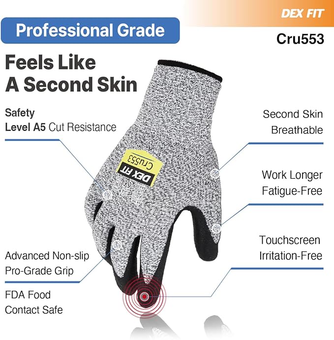 DEX FIT Level 5 Cut Resistant Gloves Cru553, 3D-Comfort Fit, Firm Grip, Thin & Lightweight, Touch-Screen Compatible, Durable, Breathable & Cool, Machine Washable; Blue XL (10) 1 Pair