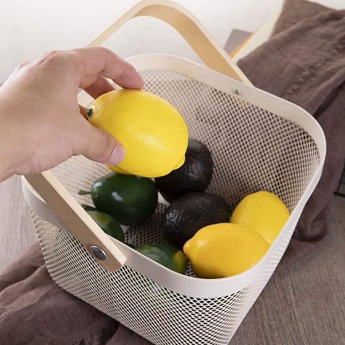 IBWell Square Metal Wire Woven Fruit Storage Bowl Basket with Wooden Handle, Large Black Mesh Fruit Stand, Multi-function Hanging Kitchen Baskets (White, Normal)