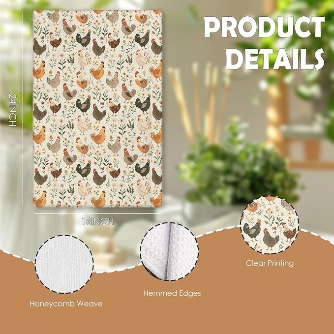 Farmhouse Chicken Rooster Kitchen Towels, Chicken Dish Towels, Rooster Decor Hand Towel for Bathroom Kitchen Decor, Cock Mom Lady Gifts, 16x24 Inch