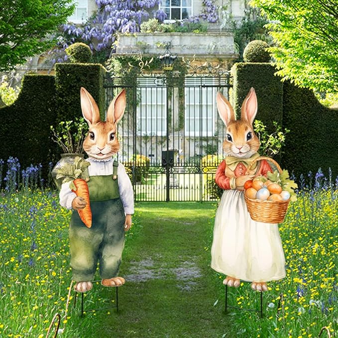 Easter Decorations Outdoor Yard Signs: 2pcs Large Metal Vintage Bunny with Carrot Eggs, Farmhouse Rustic Yard Decoration with Stakes, Lawn Garden Decor for Kids Family Home Outside Spring Easter Party
