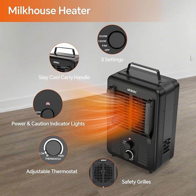 Shinic 1500W Milkhouse Heater, Milkhouse Utility Heater with Adjustable Thermostat, Tip-Over & Overheat Protection, ETL Listed for Garage, Farm, Workshop, Black