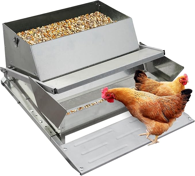 Garvee Automatic Chicken Treadle Feeder, 27 LB Large Galvanized Steel Poultry Feeder, Outdoor Use, No Waste, 10 Chickens for 11 Days, Metal Chicken Feeder Kit Suits Duck, Bantams, Pheasants