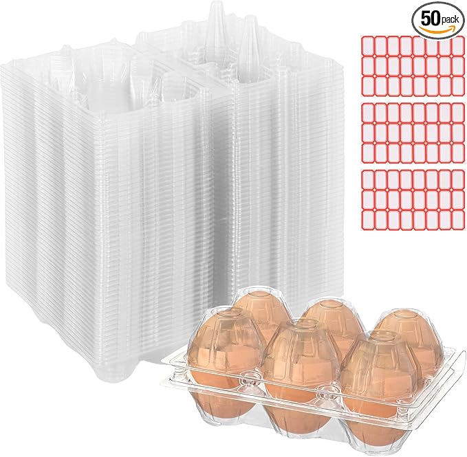 50-Pack of 6-Count Plastic Egg Cartons – Clear Break-Resistant & Reusable Egg Tray for Duck or Medium Eggs, Stackable Eggs Holder for Refrigerator, Home Kitchen, Market & Farm Use