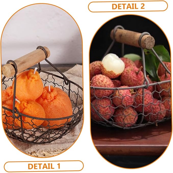 Alipis 2pcs Vintage Style Iron Wire Fruit Basket with Wooden Handle, Multi-function Kitchen Storage Organizer for Bread and Eggs, Decorative Metal Wire Basket for Home Countertop