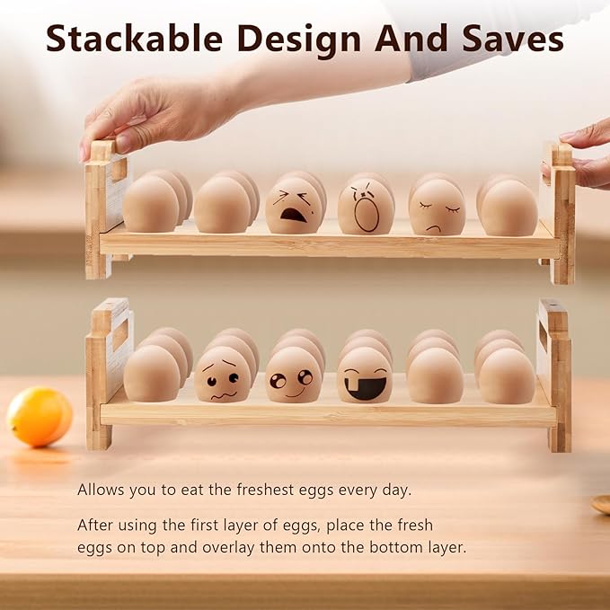 Bamboo Egg Holder Countertop - 2-Tier 18-Egg Stackable Organizer with Screwdriver, Farmhouse Kitchen Storage for Chicken/Duck Eggs