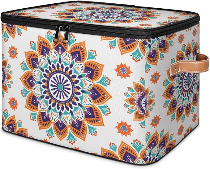 Boho Vintage Flowers Storage Bins with Zipper Lid Fabric Storage Containers for Clothes Collapsible Closet Storage Basket with Metal Frame 2 Pack