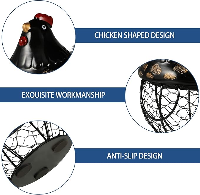 Cabilock Metal Wire Egg Basket Egg Holder Organizer Case with Ceramic Farm Chicken Top Container for Easter Party Gathering Fresh Eggs Storing Fruit Snack