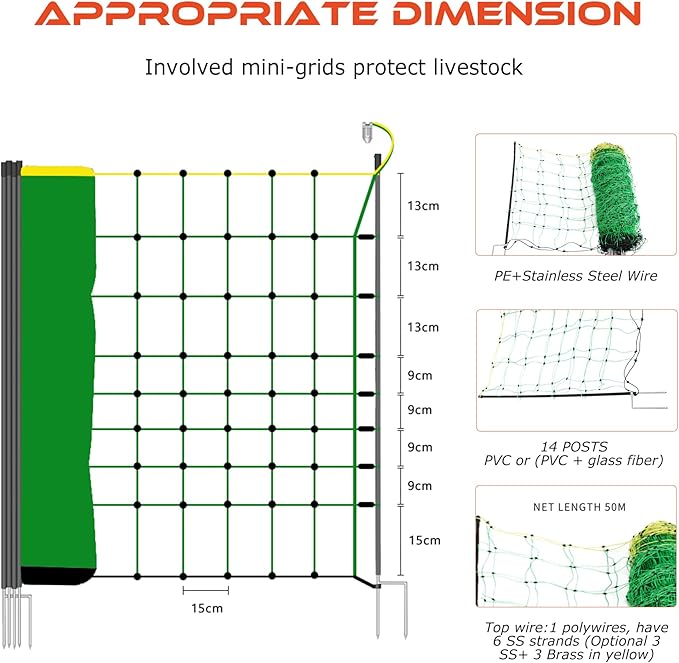 Electric Fence Net/Double Pointed Sheep Netting Fence with 3' Height x 164' Length, Green