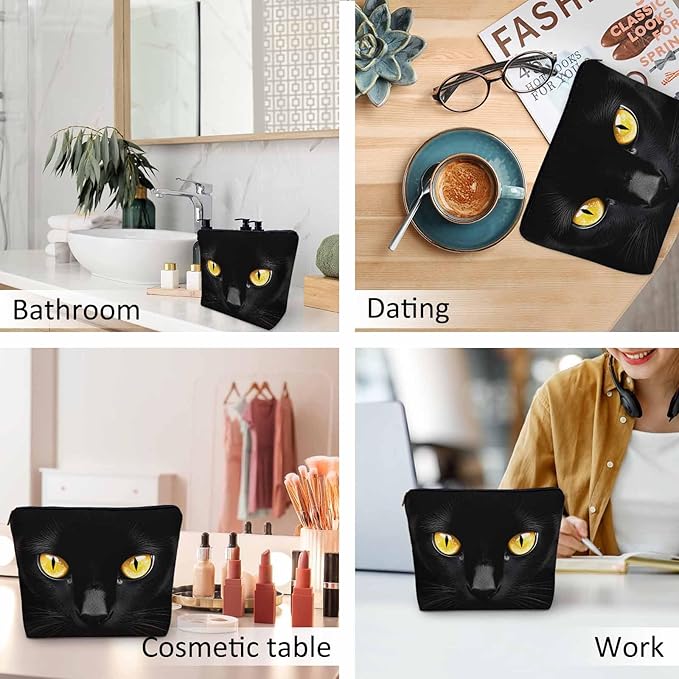 Women Makeup Organizer Bag Cat Animal Kitten Black Cat Flax Cosmetic Bag Makeup Bags Toiletry Bag Accessories Organizer Travel Bags For Home Bathroom Office Hotel Gym