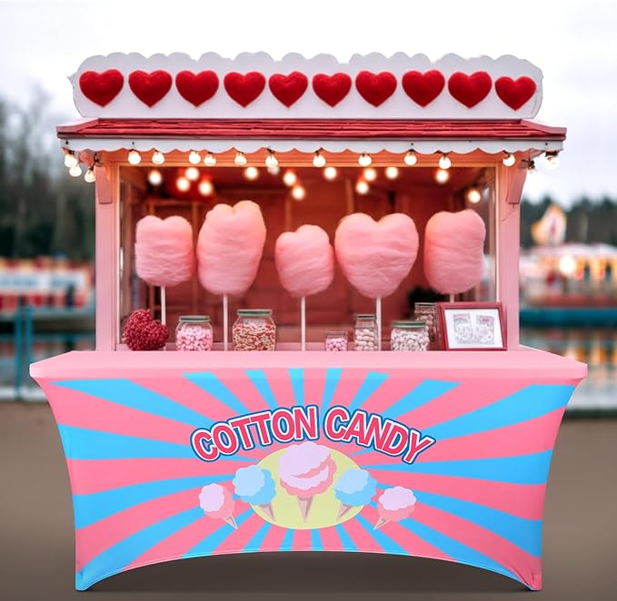 Oudain 6 ft Cotton Candy Stand Tablecloth Elastic Spandex Table Cover Cotton Candy Shop Pink Blue Banner Sign Table Cloth for Business Advertising Carnivals Party Outdoor Concession Stand