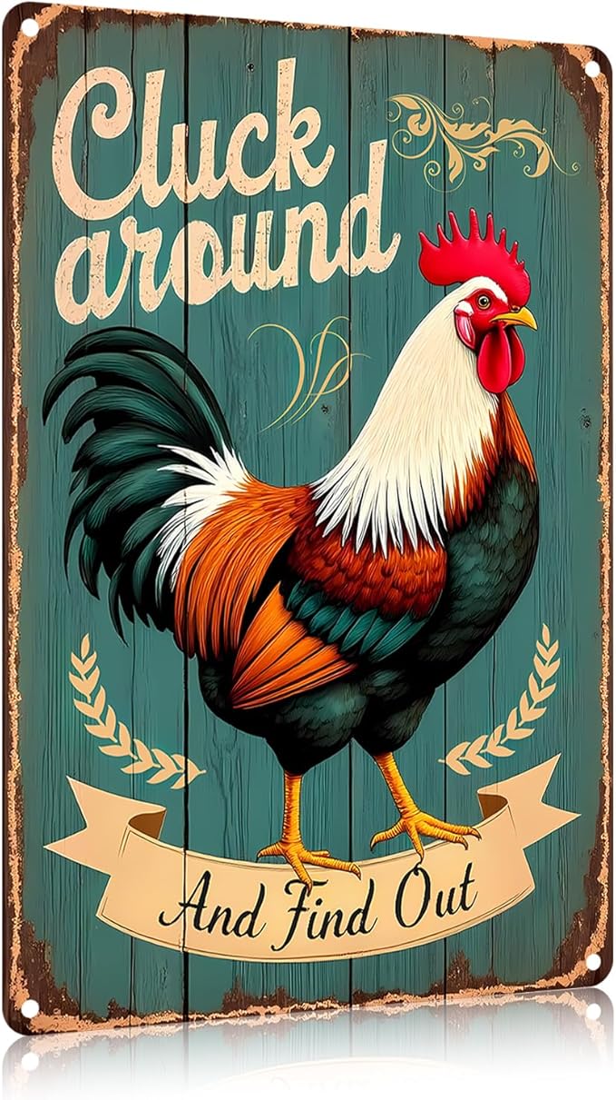 FunnySign Chicken Gifts Rooster Décor Cluck Around And Find Out Rustic Tin Sign For Home Farm Chicken Coop Decor 8x12 Inch (9703)