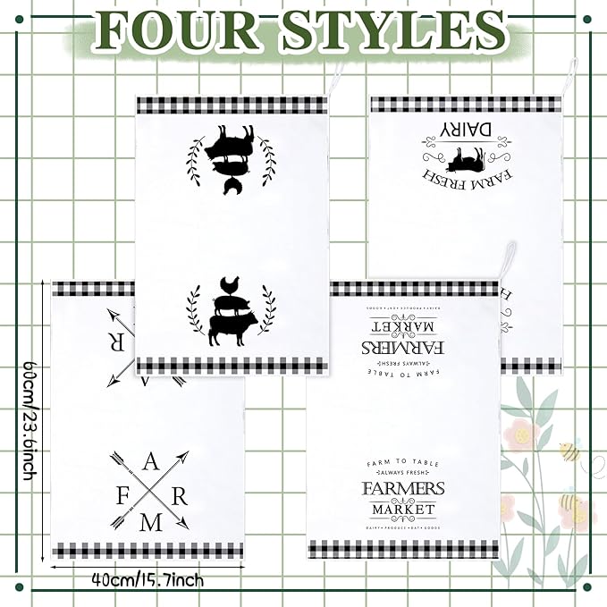 Geyoga 4 Pcs Chicken Kitchen Towels Rooster Dish Hand Towels Farm Animal Cow Vintage Rustic Tea Cloth for Spring Easter Bathroom Farmhouse Decor Gifts, 16 x 24 Inch(White, Black,Farm)