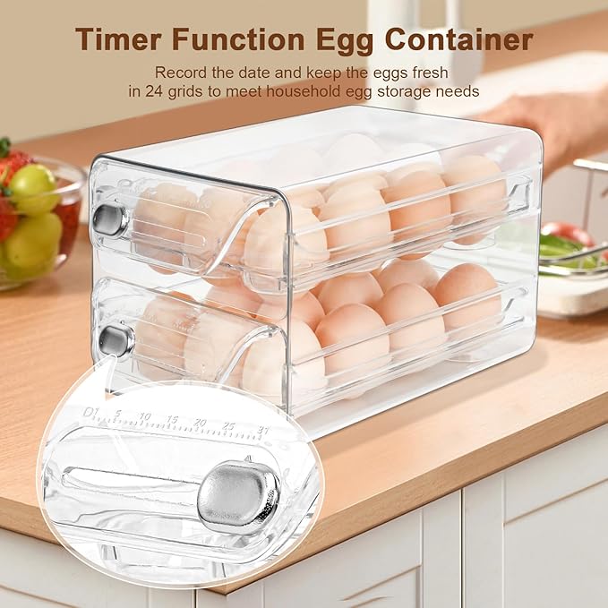 Egg Holder for Fridge 24, 2 Layers Stackable Clear Eggs Organizer, Egg Container for Refrigerator with Eggs 24 Count, Space-Saving Refrigerator Organizers and Storage in Home, Kitchen