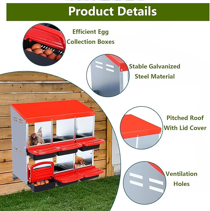 Chicken Nesting Box, 2-Tier Chicken Laying Boxes for Hens, 10 Hole Nesting Boxes for Chickens, Roll Away Nest Box for Laying Eggs, Roll Out, Easy Egg Collection (Red, 6-Holes Without Legs)