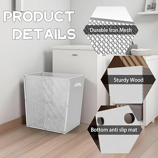 3 Gallon White Wooden Trash Can - Rustic Office Waste Paper Basket - Decorative Garbage Bin for Bedroom, Bathroom, Kitchen, Living Room